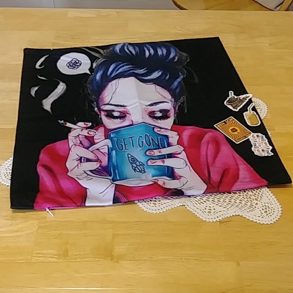 Coffee Drinking, Smoking Gal with attitude pillow cover' bonus stickers